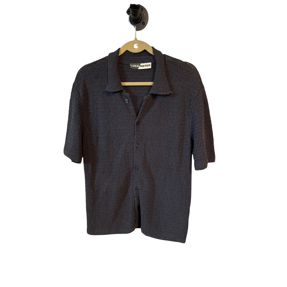 Luca Mateo Knit Button Down Mens M Charcoal Grey Textured Boucle Shirt